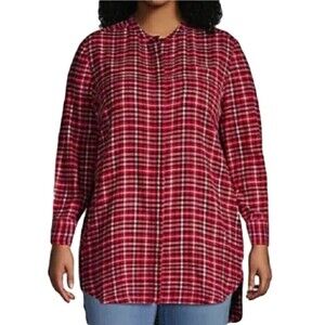 Lands End Tunic Top Womens L 14 16 Red Plaid Flannel A Line Pockets Long Sleeve